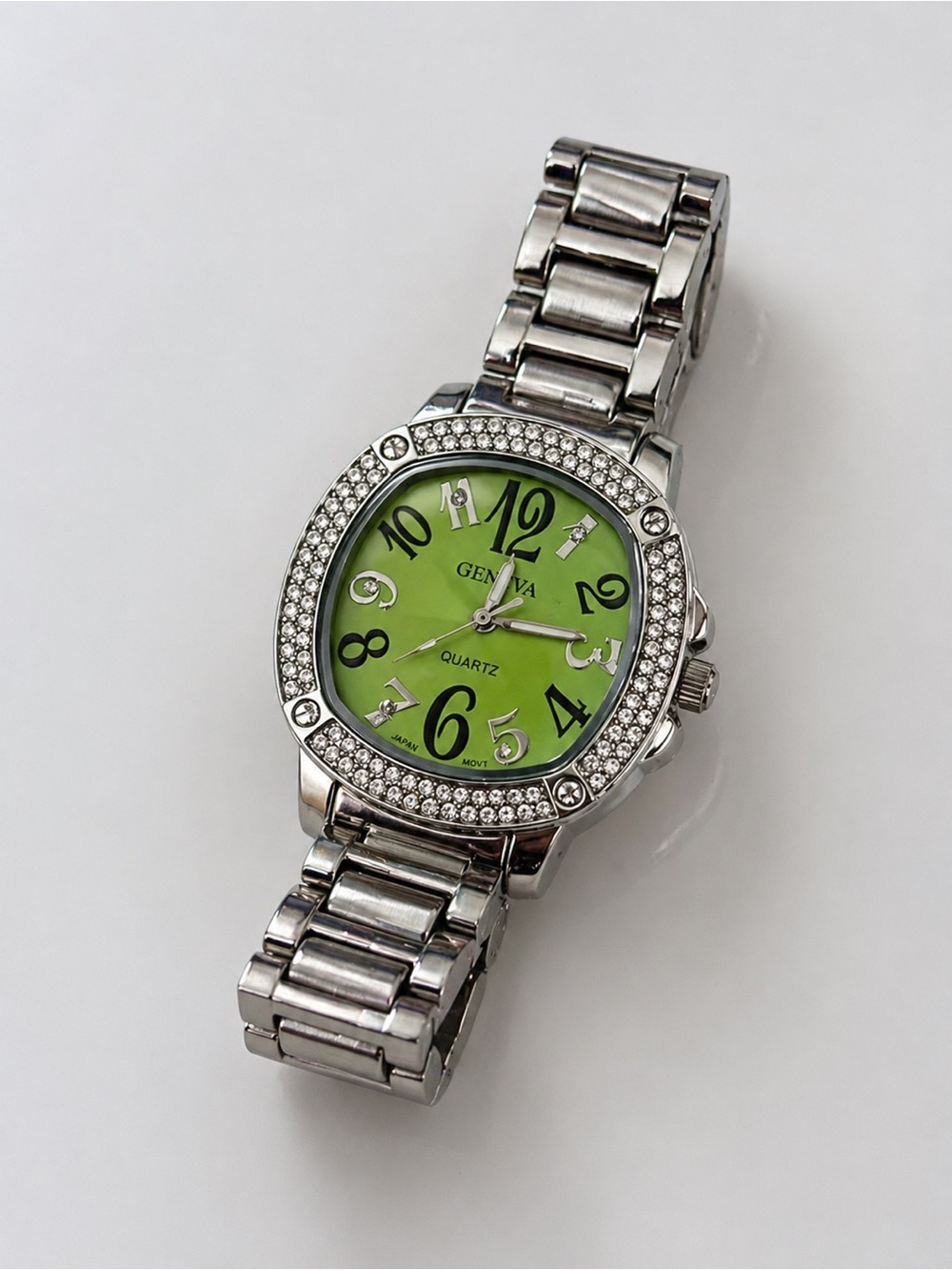 Geneva Silver-Tone Bracelet Watch with Bright Green Dial and Crystal Accents